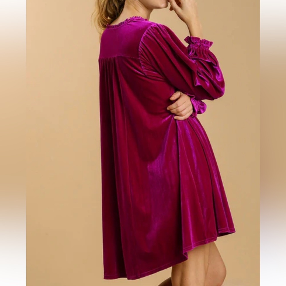 Umgee Small Magenta Velvet V Neck High Waist Balloon Sleeves Tunic Top/ dress